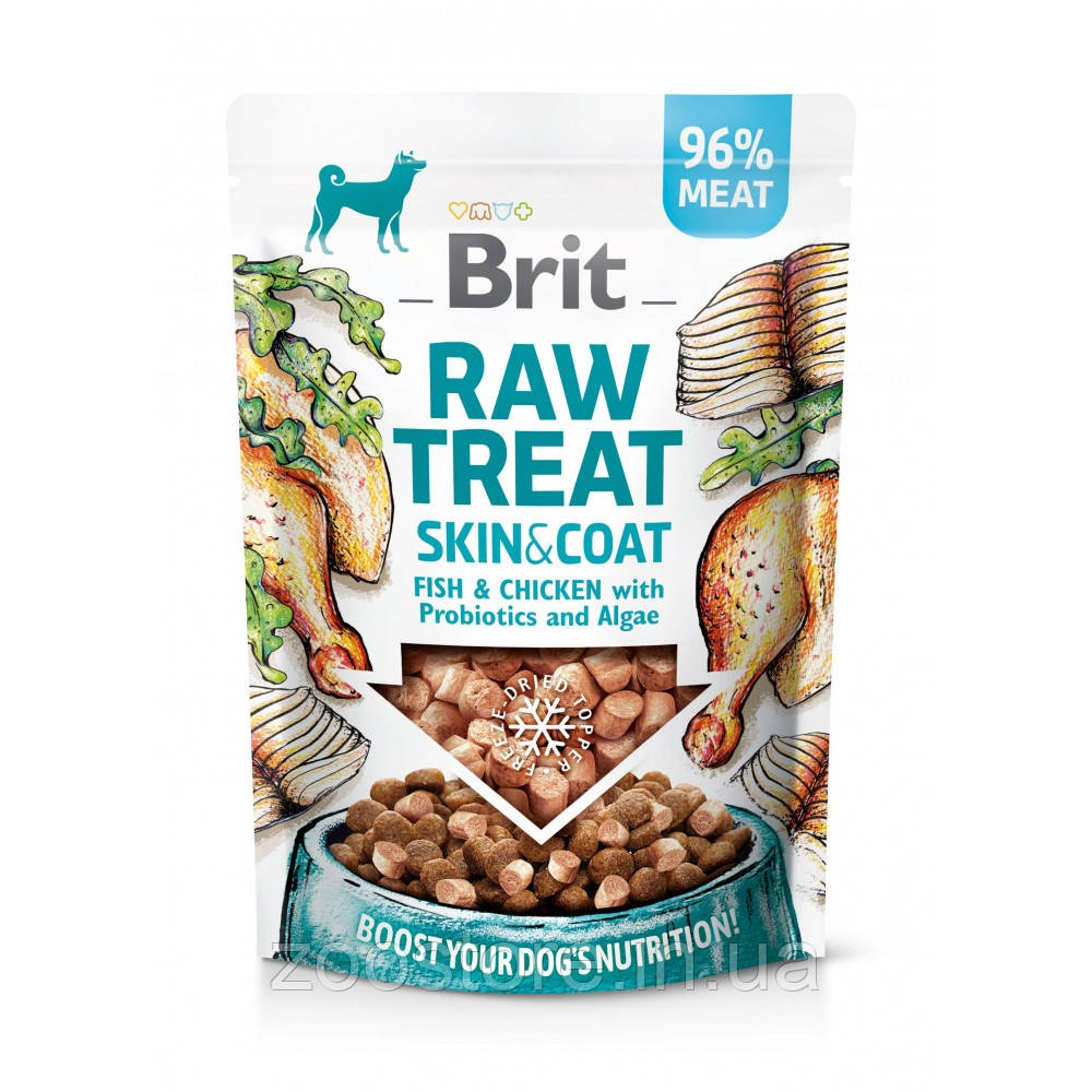 Ласощі Снеки для собак Brit Raw Treat freeze-dried Skin and Coat для шкіри та шерсті, риба і курка, 40 г