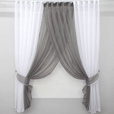 Кухонні шторки (400х170см.) з підв'язками. Колір білий з сірим. Код 109к 52-0327