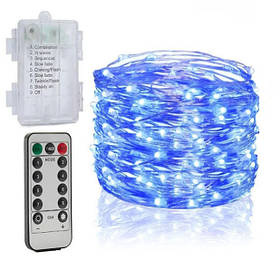 Гірлянда світлодіодна нитка "Роса" на батарейках з пультом ДК 100 Led,10 метрів, синє світло