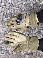 Зимние перчатки тактические усилены защитными накладками утепленные мехом с сенсорными вставками в цвете хаки