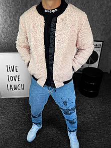 Бомбер куртка хутряна чоловіча весна-осінь бежевий однотонний стильний без капюшона Bomber Fur Coat