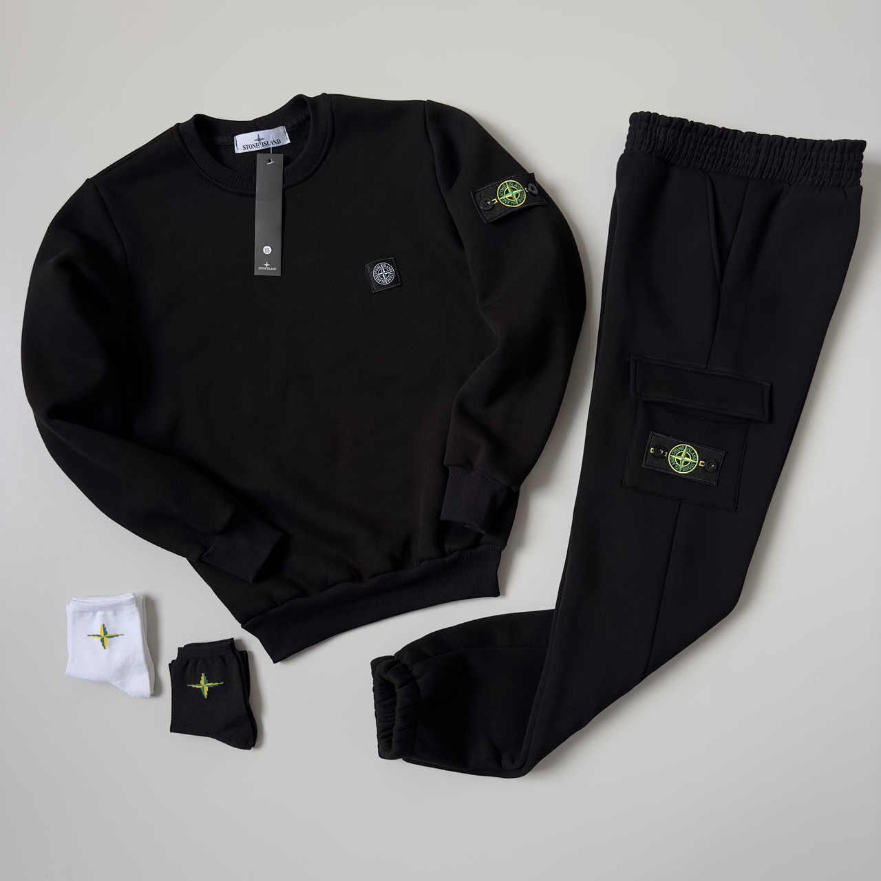 Спортивний костюм чоловічий зимовий теплий Stone Island чорний комплект на флісі світшот штани стон айленд