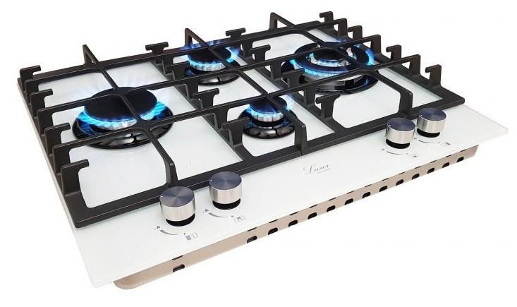 Варильна поверхня газова Чавунна решітка Біле скло Газ контроль Luxor RG 680 WH Blütenweiß, фото 1
