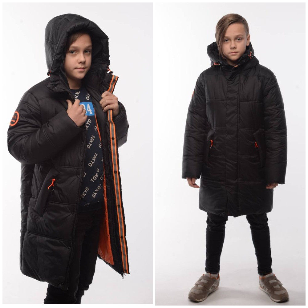 Зимова подовжена куртка пуховик на хлопчика/ Модне чорне пальто для підлітків хлопчиків (152 158 164 170), підліткова парка - зима