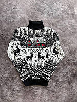 Мужской зимний новогодний свитер черный с оленями под горло шерстяной Кофта с новогодним принтом