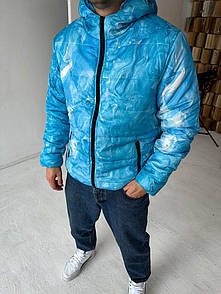 Куртка чоловіча весна-осінь блакитна з капюшоном з принтом утеплена демісезонна Sky Blue