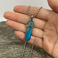Натуральный камень яркий Голубой Агат кулон в форме кристалла шестигранника на цепочке - подарок парню девушке