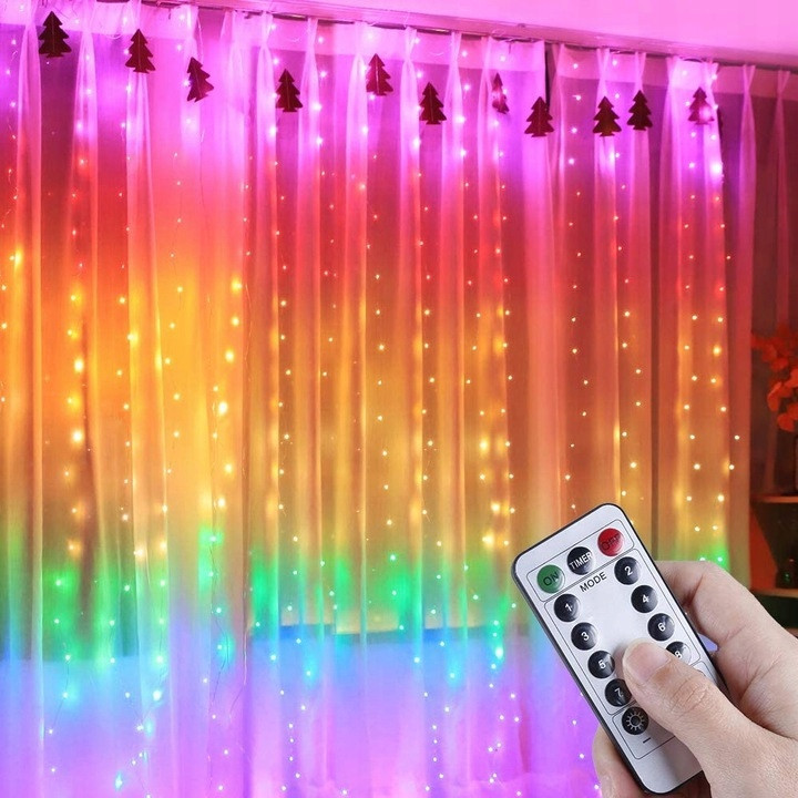 Світлодіодна гірлянда 3х3м. Штора крапля роси різнокольорова Rainbow з пультом Живлення USB/Power bank