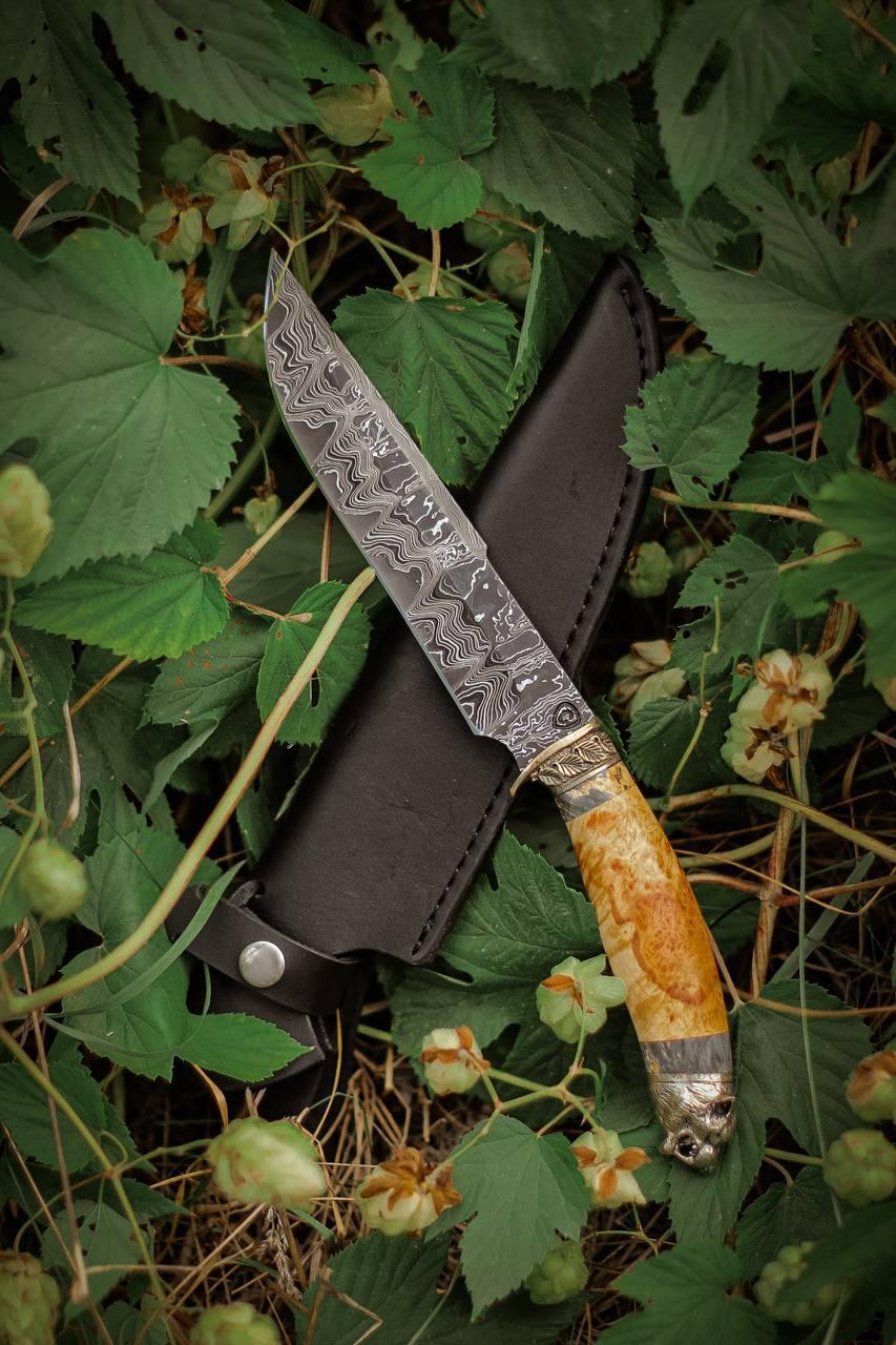 Ексклюзивний ніж ручної роботи з дамаської сталі Х12Ф1, 40х13 «Тигр #1» з шкіряними піхвами 60 HRC, фото 1