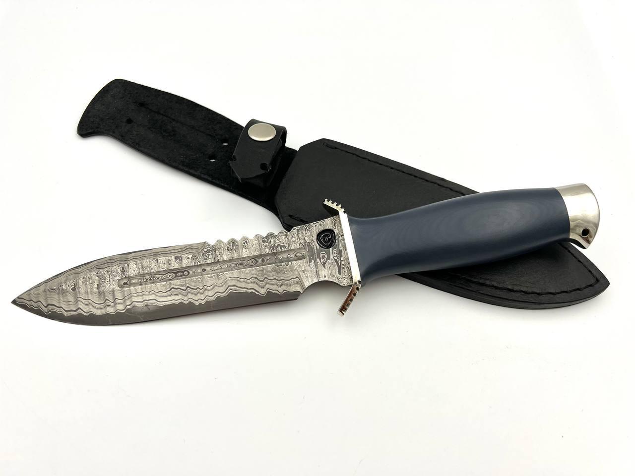 Бойовий ніж ручної роботи з дамаської сталі ШХ15, 40х13 «Антитерор #2» зі шкіряними піхвами, фото 1