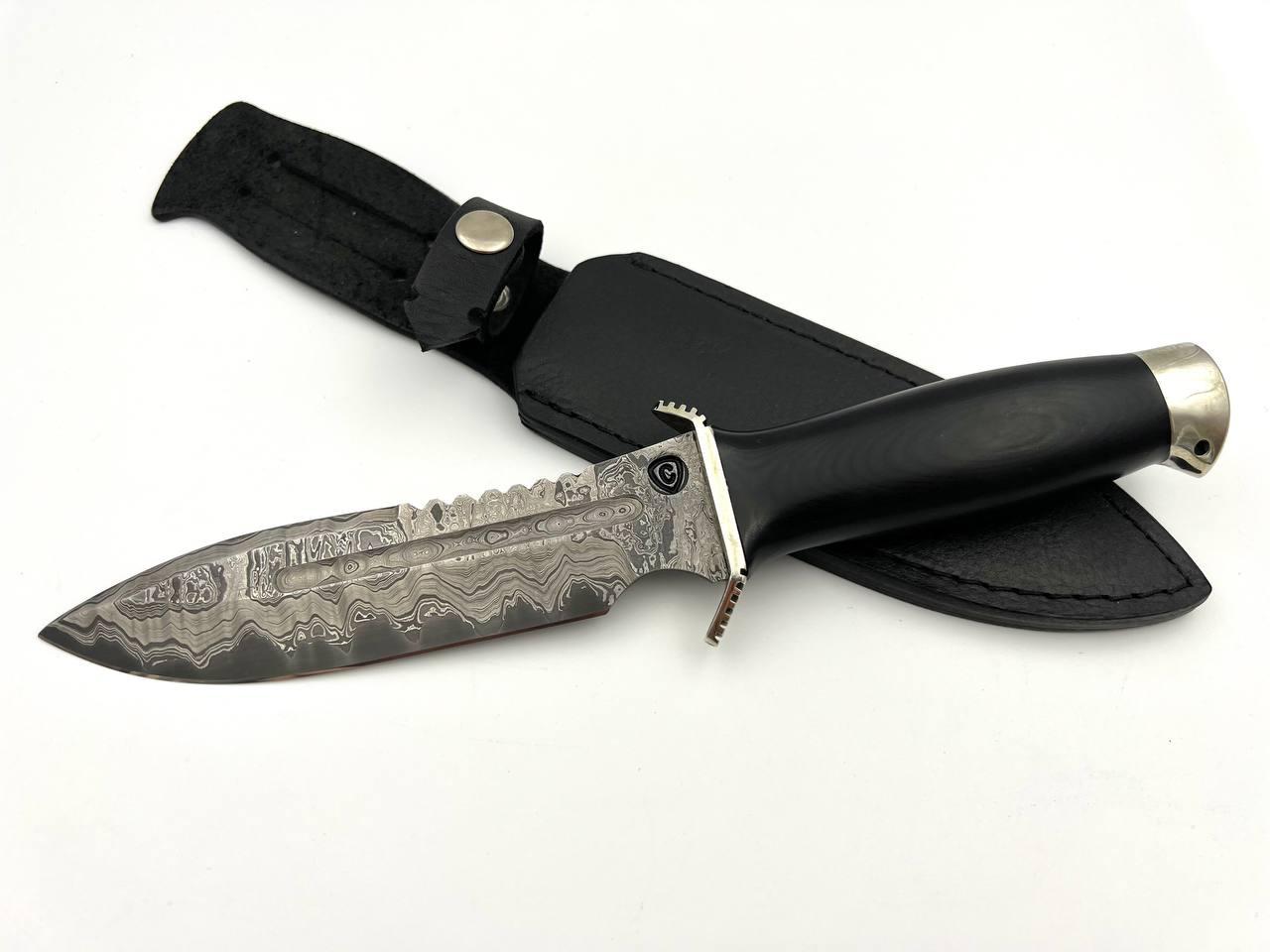 Бойовий ніж ручної роботи з дамаської сталі ШХ15, 40х13 «Антитерор #3» зі шкіряними піхвами, фото 1
