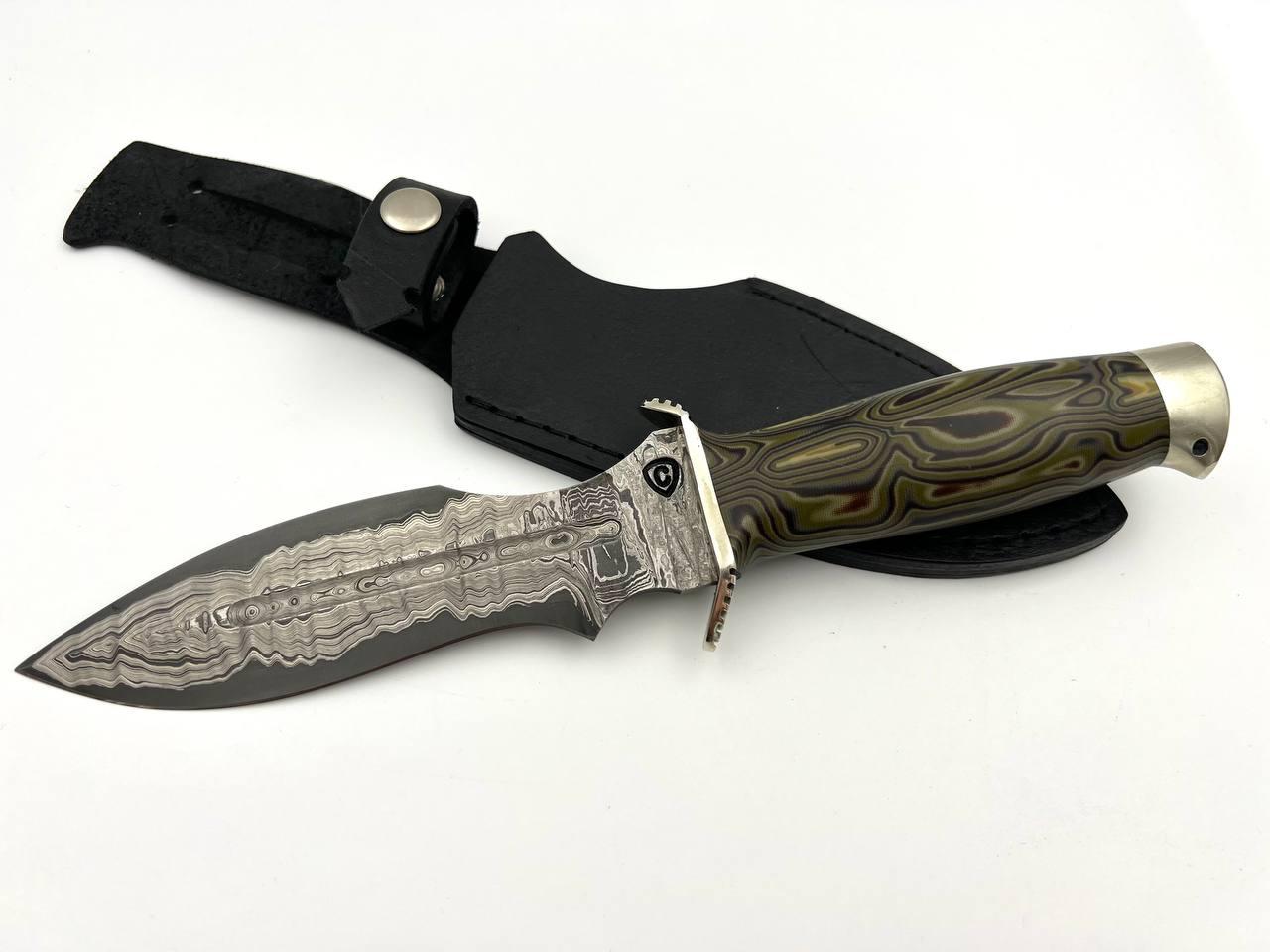 Бойовий ніж ручної роботи з дамаської сталі ШХ15, 40х13 «Антитерор #4» зі шкіряними піхвами, фото 1