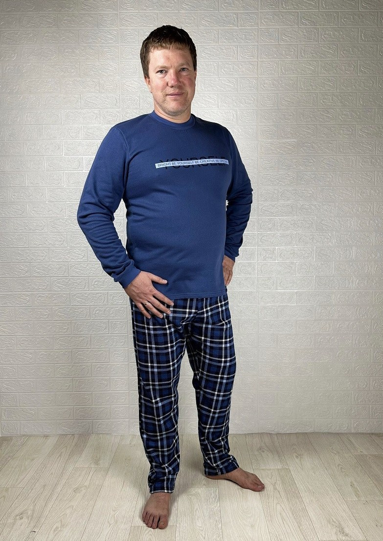 Піжама чоловіча тепла з начосом кофта зі штанами синя картата 44-58р.