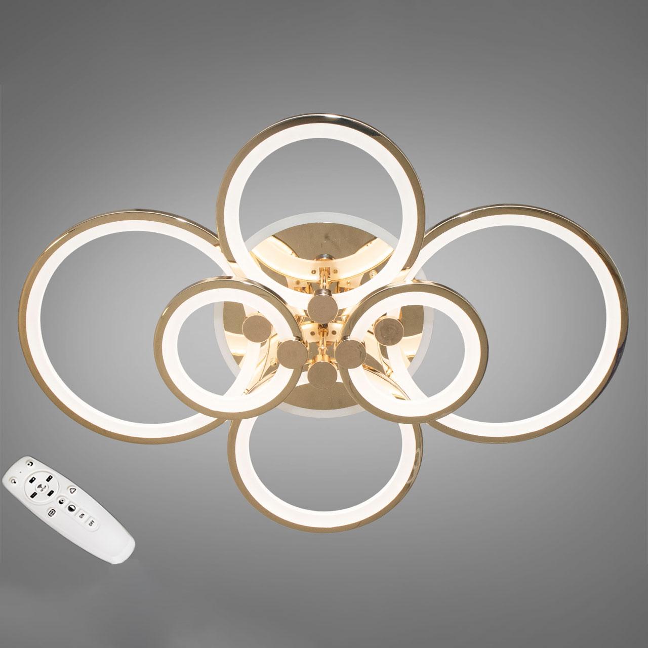 Світлодіодна люстра 105 Вт на пульті д/у з діммером і підсвічуванням основи колір каркасу золотий D-9133/6G LED 3color, фото 1
