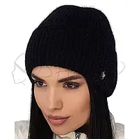 Шапка ангоровая женская с отворотом шапочка утепленная флисом украшена брошью Leks АЛЬБИНА Черный