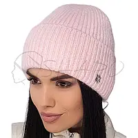 Шапка ангоровая женская с отворотом шапочка утепленная флисом украшена брошью Leks АЛЬБИНА Бледно-розовый
