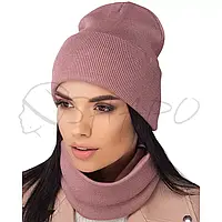 Комплект женский шерстяной шапка бини на манжете с бафом двойной Leks Антураж комплект Розовый рассвет