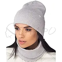 Комплект женский шерстяной шапка бини на манжете с бафом двойной Leks Антураж комплект Светло-серый