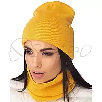 Комплект женский шерстяной шапка бини на манжете с бафом двойной Leks Антураж комплект Темно-желтый