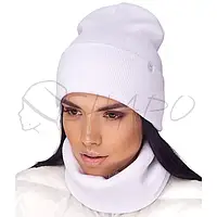 Комплект женский шерстяной шапка бини на манжете с бафом двойной Leks Антураж комплект Белый