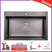 Чорна мийка для кухні Lidz H6050B Black 60x50 см — неіржавка сталь, дозатор для мила та сифон у комплекті