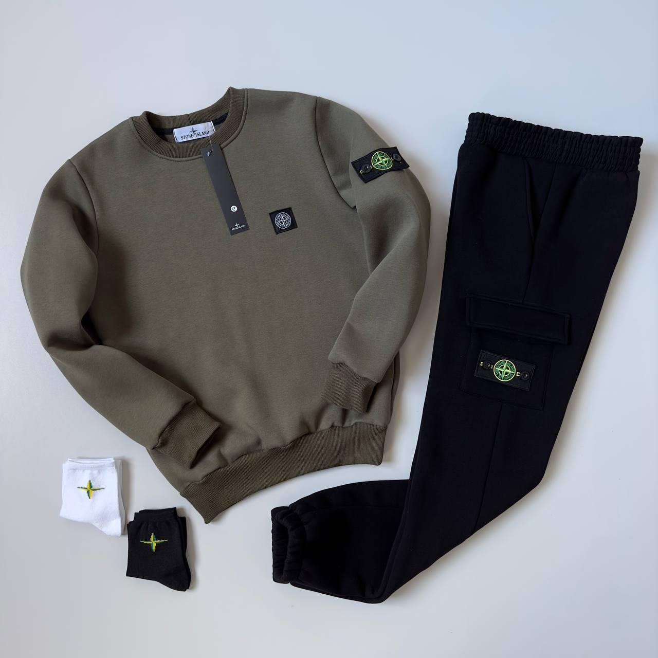 Чоловічий зимовий спортивний костюм Stone Island хакі без капюшона Стон Айленд Свішот + Штани на флісі