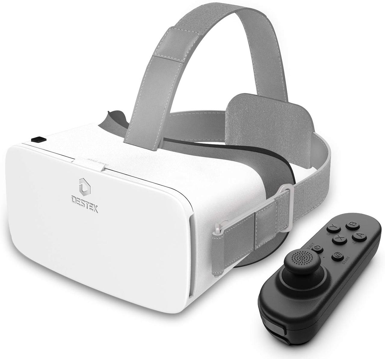 DESTEK V5 VR Headset for Phone — Віртуальна реальність з HD-стрічками, Bluetooth-контролер, білого кольору