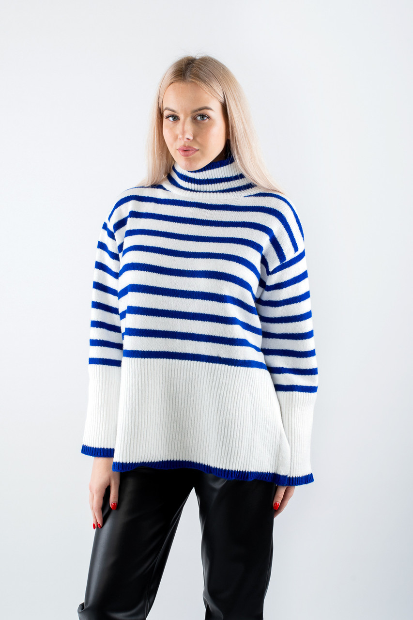 Гольф жіночий оверсайз щільний з розрізами в смужку біло-синій 61017 ONE SIZE (2000000117768), фото 1