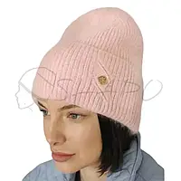 Женская шапка из ангоры на флисовой подкладке зимняя с отворотом Novita Квадро Розовая-пудра