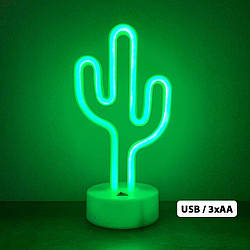 Неоновий світильник нічник Кактус настільна декоративна лампа Neon Decoration Lamp (USB, 3хАА) - Зелений
