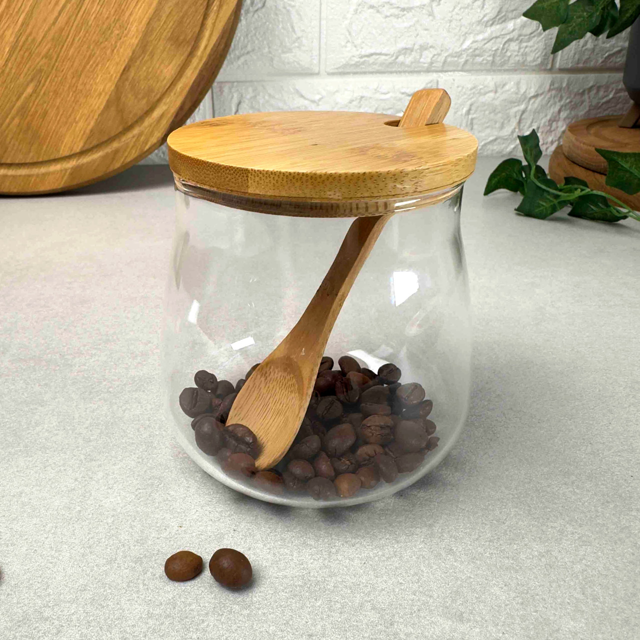 Скляна банка з дерев'яною ложкою з бамбуковою кришкою 500 мл ARDESTO Fresh Sugar