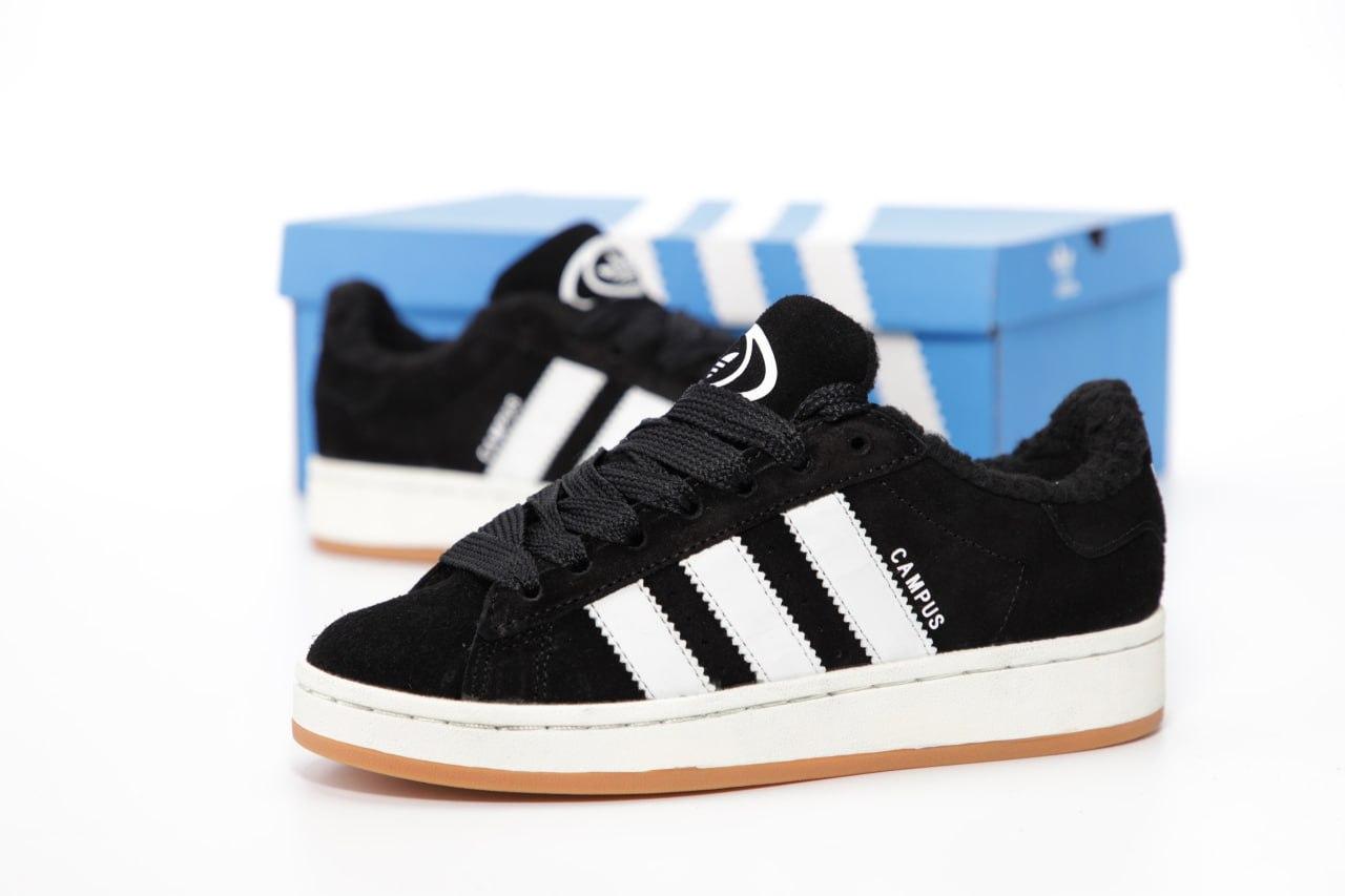 Чоловічі зимові кросівки Adidas Campus Black Winter (Сірі) Взуття кеди Адідас Кампус натуральний замш хутро зима В'єтнам