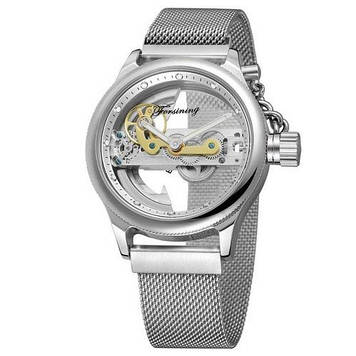 Сріблястий годинник механічний чоловічий наручний з браслетом, Крутий чоловічий годинник Скелетон з механізмом сталевий