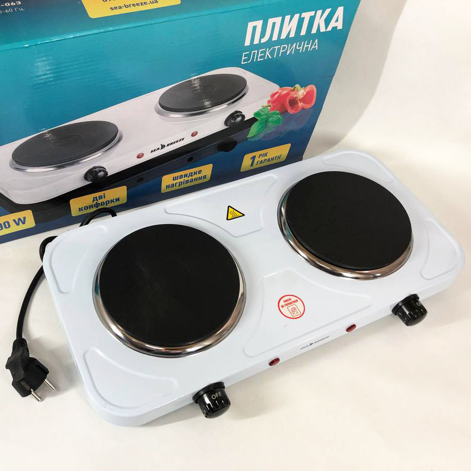 Настільна плита електрична Sea Breeze SB-063, подвійна електроплита, двокомфорочна. Колір: білий, фото 1