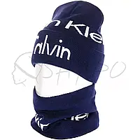 Комплект молодежный брендовый шапка двойная с отворотом и снуд Calvin Klein JAK21309K Темно-синий