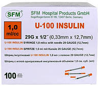 Шприц инсулиновый 1,0 мл со шкалой U-100 с интегрированной иглой 0,33 х 12,7 29G (100 штук/паковка) SFM