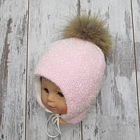 48-50 1,5-3 роки термо в'язана зимова шапка для дівчинки на флісі з помпоном із натурального хутра 5022 РЗВ