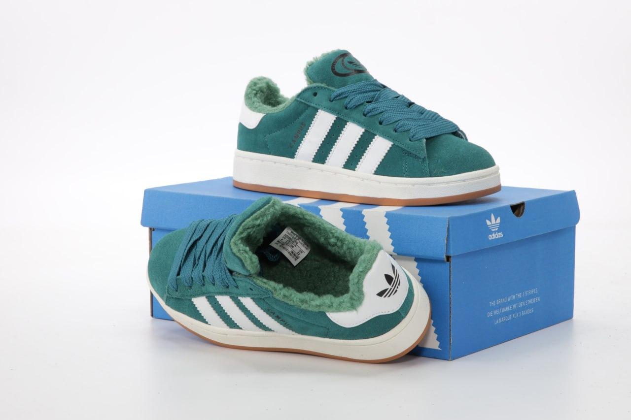 Жіночі зимові кросівки Adidas Campus Green Winter (Зелені) Взуття кеди Адідас Кампус натуральний замш хутро зима В'єтнам