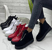 Женские демисезонные ботинки из натуральной кожи и замши на утолщенной подошве декор молния черные капучино