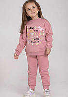 Теплый детский костюм розового цвета на флисе (свитшот и штаны на манжетах) для девочек 110