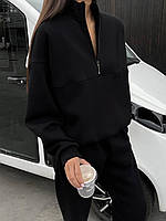 Женский теплый удобный прогулочный костюм батник и штаны джоггеры спортивный костюм трехнитка на флисе Черный, 48