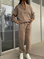 Женский теплый удобный прогулочный костюм батник и штаны джоггеры спортивный костюм трехнитка на флисе Бежевый, 48