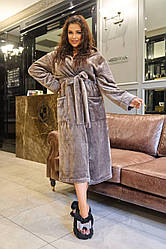 Жіночий теплий довгий халат із заходом із кишенями з капюшоном для дому тканина полірована махра велсофт