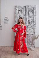 Довга Червона вишита сукня з відкритими плечима, Жіноча сукня вишиванка в підлогу з розрізом на рукаві
