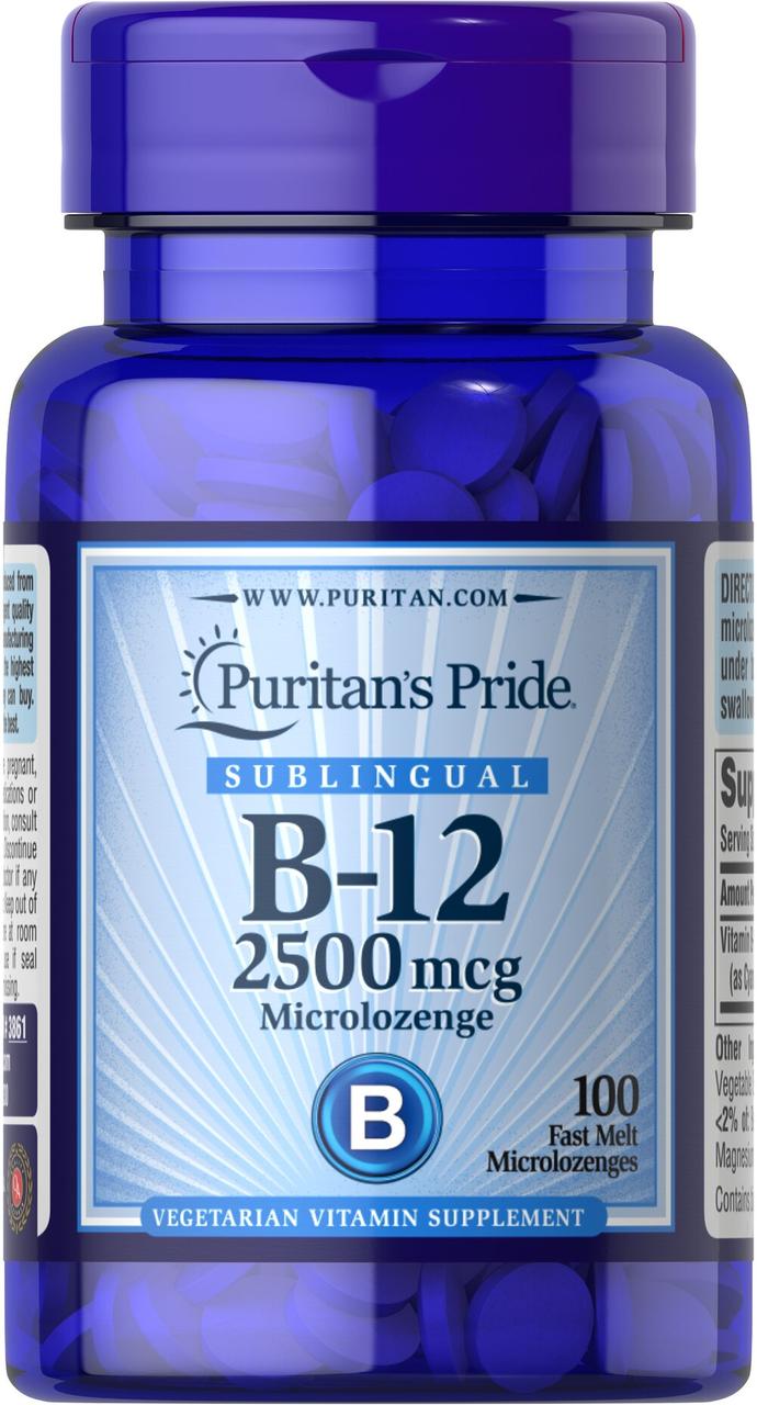 Вітамін B-12, Vitamin B-12, Puritan's Pride, сублінгвальний, 2500 мкг, 100 мікропастилок