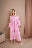 Розовое Платье длинное цветы вышивка, Вышитое платье женщине в пол, S