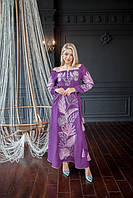Фиолетовое Платье длинное цветы вышивка, Вышитое платье женщине в пол