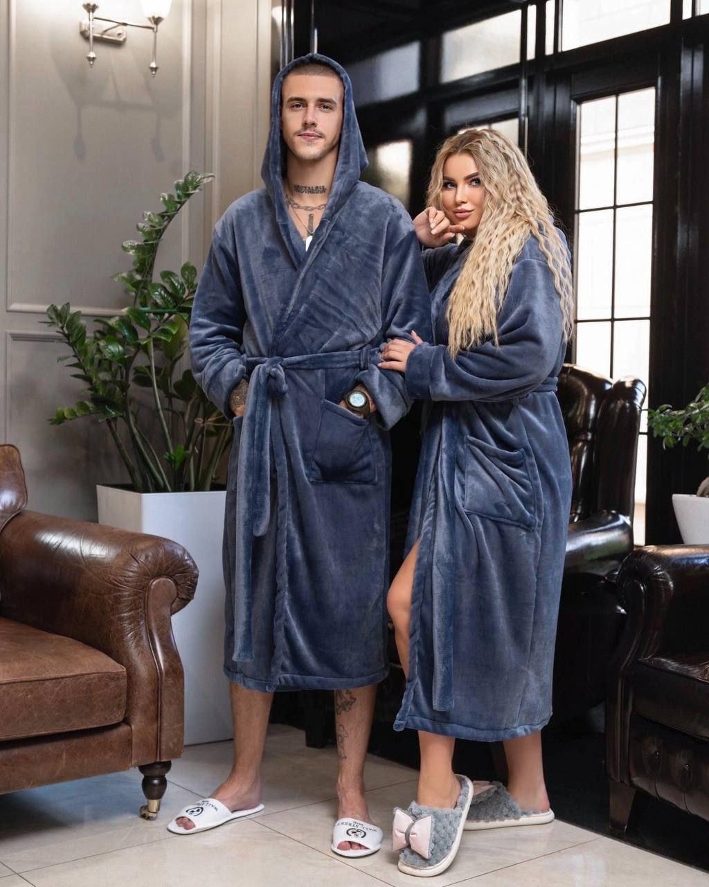 Турецький теплий унісекс домашній махровий халат із заходом із кишенями тканина полірована махра, фото 1