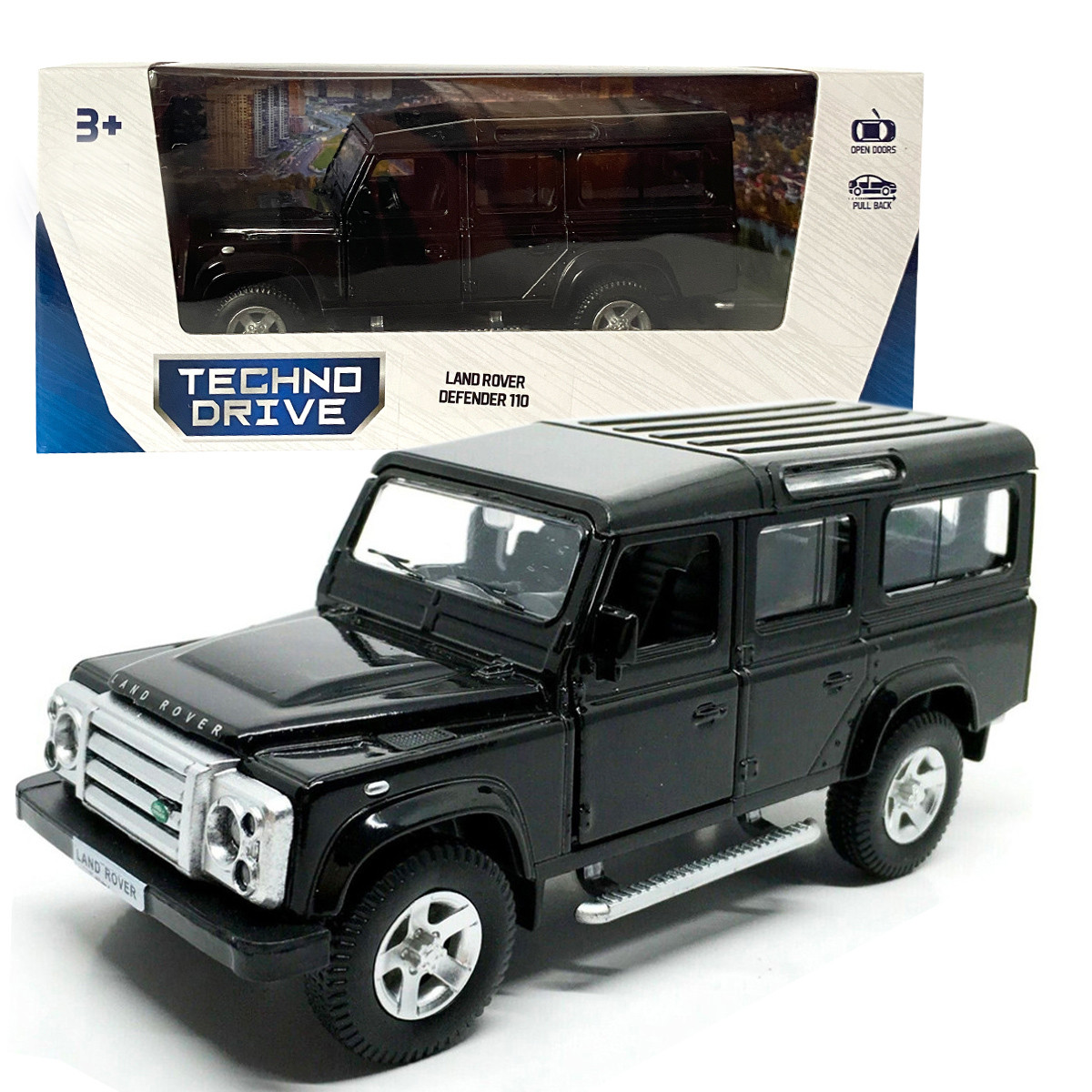 Іграшкова машинка металева Land Rover Defender 110, ленд ровер, чорний, відкр двері, інерція, 5*13*5см (250341U), фото 1