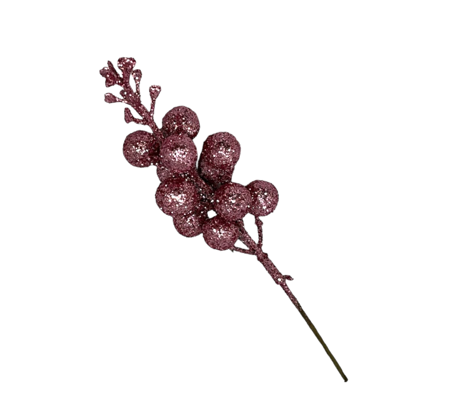 Гілочка ягід з блискітками 21 см, рожева, поштучно, Рожевий, фото 1